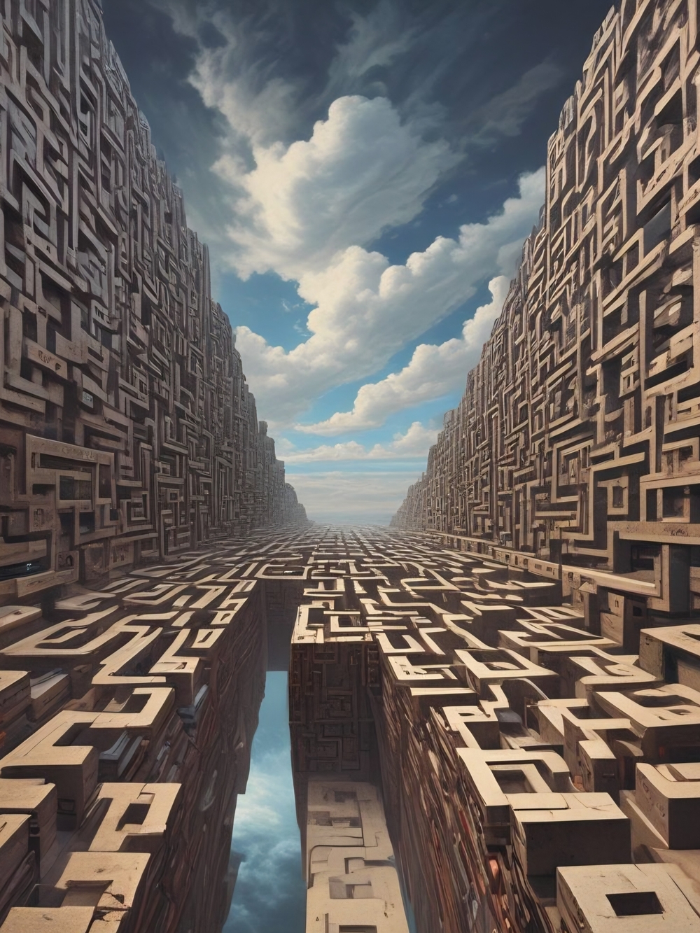 Architectural Maze Art Print in Beige and Blue Sky
